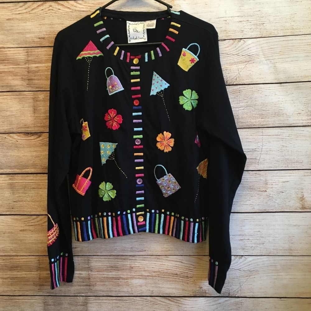 Black Embellished Button-Front Cardigan with Multicolor Appliqué